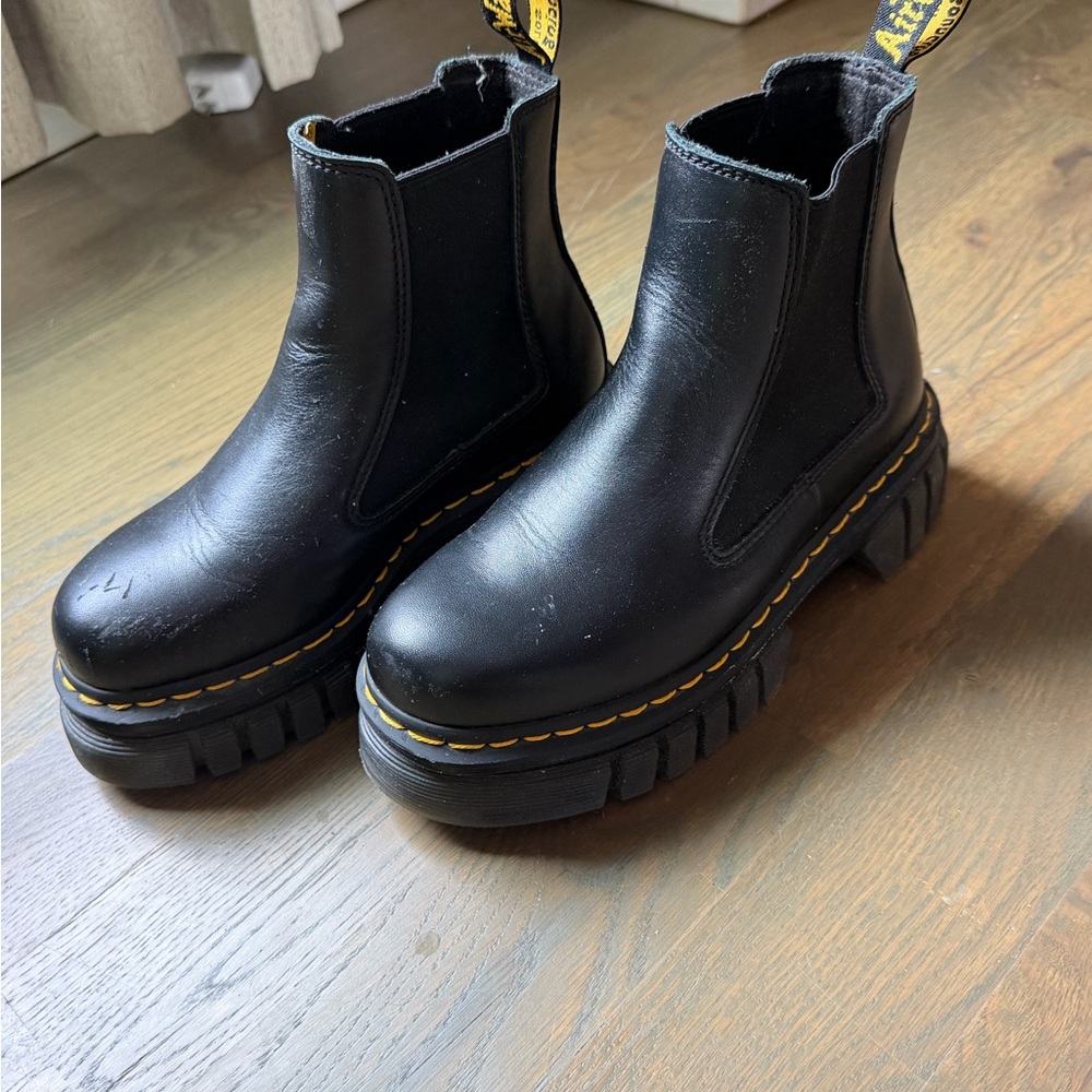 Dr. Martens Black Chelsea Platform Boots with Yellow Stitching